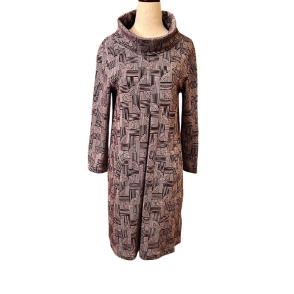 EUC Tyler Boe Purple Gray Geometric Print Kim Cowl Neck Knit Dress Size SMALL